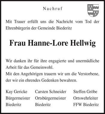 Traueranzeige von Hanne-Lore Hellwig  von Magdeburger Volksstimme