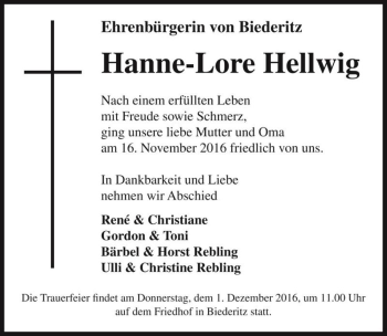 Traueranzeige von Hanne-Lore Hellwig  von Magdeburger Volksstimme
