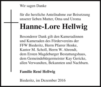 Traueranzeige von Hanne-Lore Hellwig  von Magdeburger Volksstimme