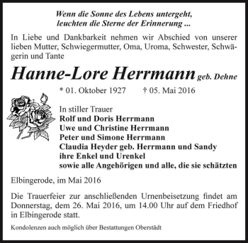Traueranzeige von Hanne-Lore Herrmann (geb. Dehne)  von Magdeburger Volksstimme