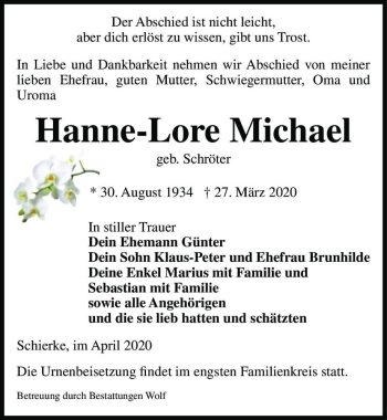 Traueranzeige von Hanne-Lore Michael (geb. Schröter)  von Magdeburger Volksstimme