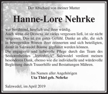 Traueranzeige von Hanne-Lore Nehrke  von Magdeburger Volksstimme