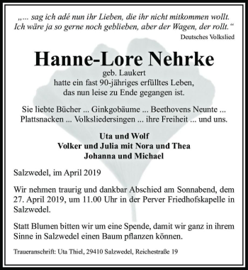 Traueranzeige von Hanne-Lore Nehrke (geb. Laukert)  von Magdeburger Volksstimme