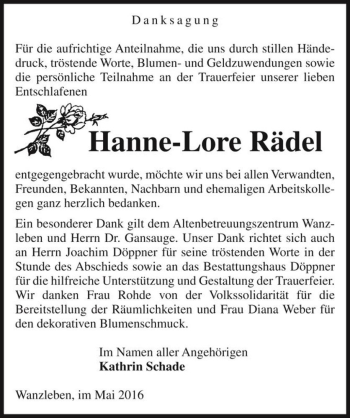 Traueranzeige von Hanne-Lore Rädel  von Magdeburger Volksstimme