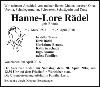 Traueranzeige von Hanne-Lore Rädel (geb. Braune)  von Magdeburger Volksstimme