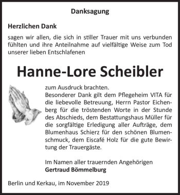 Traueranzeige von Hanne-Lore Scheibler  von Magdeburger Volksstimme