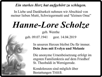 Traueranzeige von Hanne-Lore Scholze (geb. Wenthe)  von Magdeburger Volksstimme