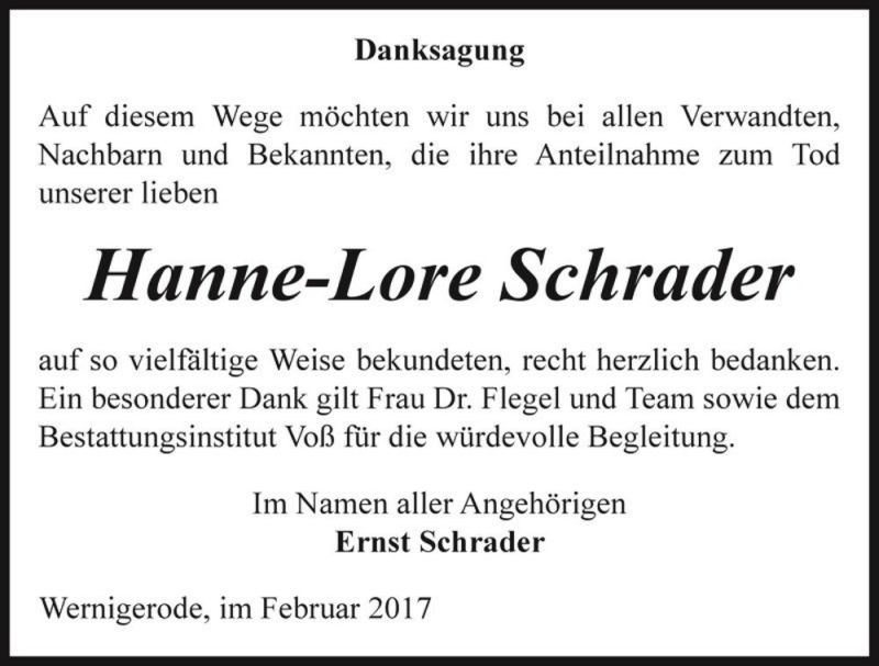  Traueranzeige für Hanne-Lore Schrader  vom 18.02.2017 aus Magdeburger Volksstimme