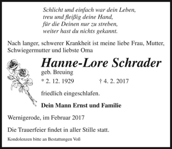 Traueranzeige von Hanne-Lore Schrader (geb. Breuing)  von Magdeburger Volksstimme