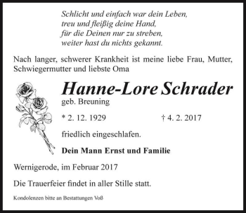 Traueranzeige von Hanne-Lore Schrader (geb. Breuning)  von Magdeburger Volksstimme