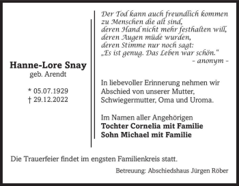 Traueranzeige von Hanne-Lore Snay (geb. Arendt)  von Magdeburger Volksstimme