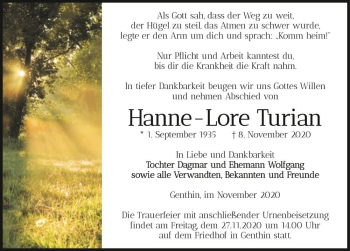 Traueranzeige von Hanne-Lore Turian  von Magdeburger Volksstimme