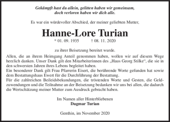 Traueranzeige von Hanne-Lore Turian  von Magdeburger Volksstimme
