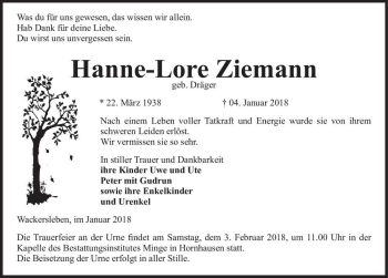 Traueranzeige von Hanne-Lore Ziemann (geb. Dräger)  von Magdeburger Volksstimme