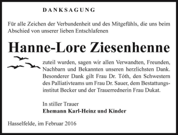 Traueranzeige von Hanne-Lore Ziesenhenne  von Magdeburger Volksstimme