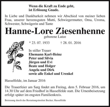 Traueranzeige von Hanne-Lore Ziesenhenne (geb. Lutze)  von Magdeburger Volksstimme