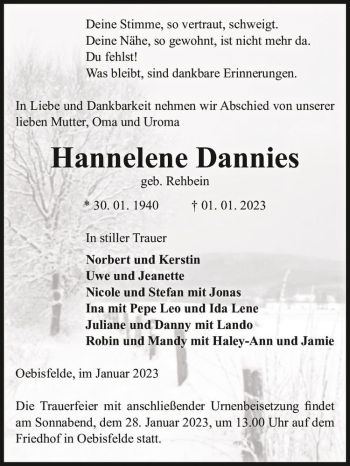 Traueranzeige von Hannelene Dannies (geb. Rehbein)  von Magdeburger Volksstimme