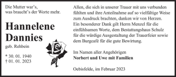 Traueranzeige von Hannelene Dannies (geb. Rehbein)  von Magdeburger Volksstimme