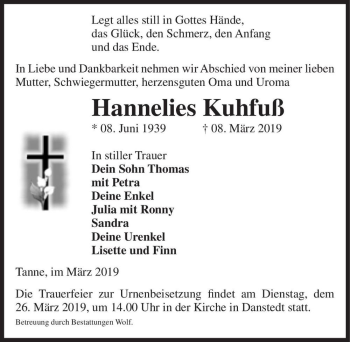 Traueranzeige von Hannelies Kuhfuß  von Magdeburger Volksstimme