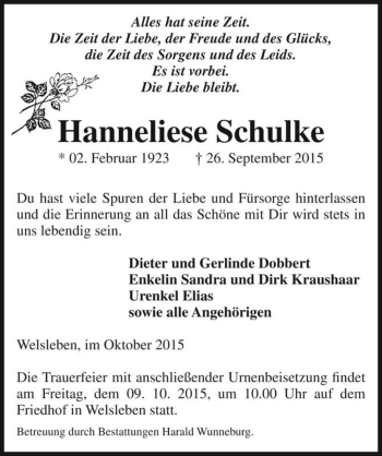 Traueranzeige von Hanneliese Schulke  von Magdeburger Volksstimme