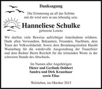 Traueranzeige von Hanneliese Schulke (geb. Lorenz)  von Magdeburger Volksstimme
