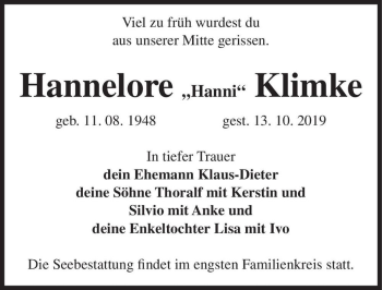 Traueranzeige von Hannelore 