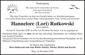 Traueranzeige von Hannelore (Lori) Rutkowski (geb. Lamberty)  von Magdeburger Volksstimme