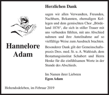 Traueranzeige von Hannelore Adam  von Magdeburger Volksstimme