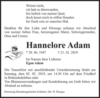 Traueranzeige von Hannelore Adam  von Magdeburger Volksstimme