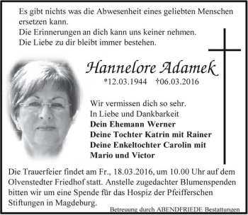 Traueranzeige von Hannelore Adamek  von Magdeburger Volksstimme