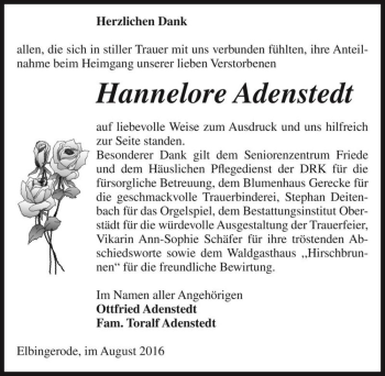Traueranzeige von Hannelore Adenstedt  von Magdeburger Volksstimme