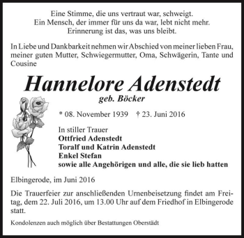 Traueranzeige von Hannelore Adenstedt (geb. Böcker)  von Magdeburger Volksstimme