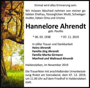 Traueranzeige von Hannelore Ahrendt (geb. Pauliks)  von Magdeburger Volksstimme