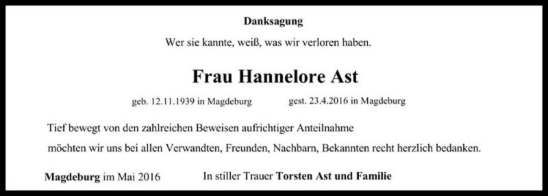  Traueranzeige für Hannelore Ast  vom 24.05.2016 aus Magdeburger Volksstimme