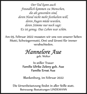Traueranzeige von Hannelore Aue (geb. Wolter)  von Magdeburger Volksstimme