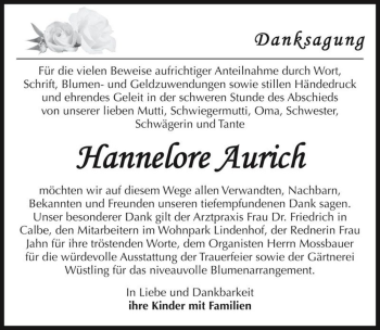 Traueranzeige von Hannelore Aurich  von Magdeburger Volksstimme