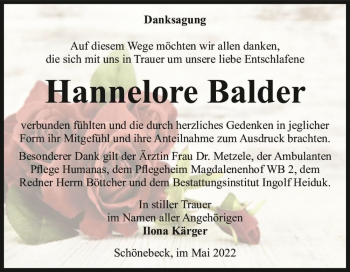 Traueranzeige von Hannelore Balder  von Magdeburger Volksstimme