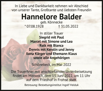 Traueranzeige von Hannelore Balder (geb. Könnecke)  von Magdeburger Volksstimme