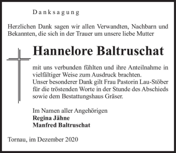 Traueranzeige von Hannelore Baltruschat  von Magdeburger Volksstimme