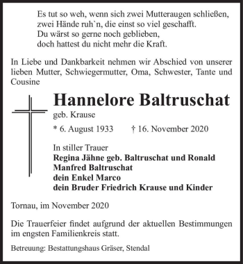Traueranzeige von Hannelore Baltruschat (geb. Krause)  von Magdeburger Volksstimme