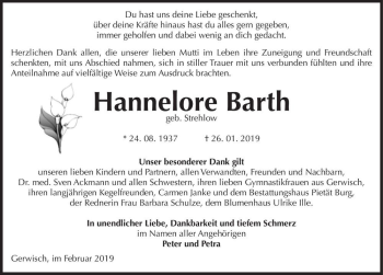 Traueranzeige von Hannelore Barth (geb. Strehlow)  von Magdeburger Volksstimme