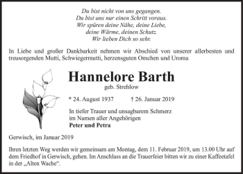 Traueranzeige von Hannelore Barth (geb. Strehlow)  von Magdeburger Volksstimme