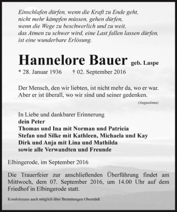 Traueranzeige von Hannelore Bauer (geb. Laspe)  von Magdeburger Volksstimme