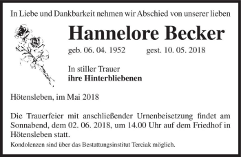 Traueranzeige von Hannelore Becker  von Magdeburger Volksstimme