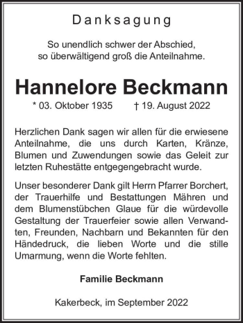 Traueranzeige von Hannelore Beckmann  von Magdeburger Volksstimme
