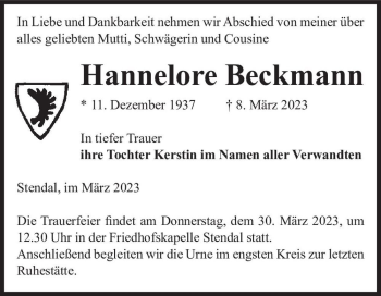 Traueranzeige von Hannelore Beckmann  von Magdeburger Volksstimme