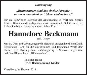 Traueranzeige von Hannelore Beckmann (geb. Lange)  von Magdeburger Volksstimme