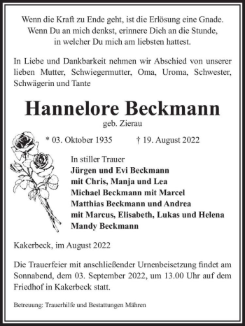 Traueranzeige von Hannelore Beckmann (geb. Zierau)  von Magdeburger Volksstimme