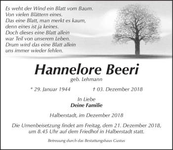 Traueranzeige von Hannelore Beeri (geb. Lehmann)  von Magdeburger Volksstimme