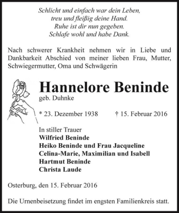 Traueranzeige von Hannelore Beninde (geb. Duhnke)  von Magdeburger Volksstimme